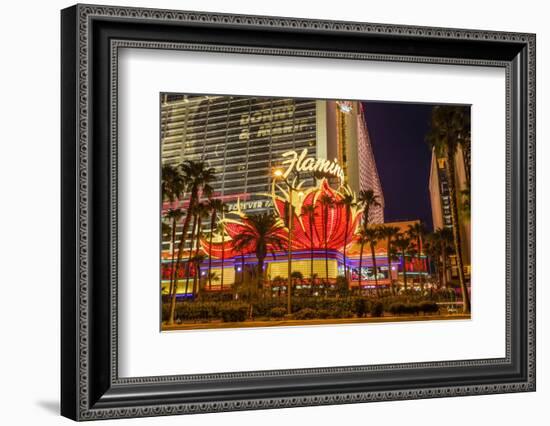 Neon Lights, Las Vegas Strip at Dusk with Flamingo Facade and Palm Trees, Las Vegas, Nevada, Usa-Eleanor Scriven-Framed Photographic Print