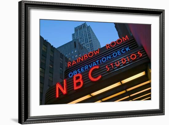 Neon lights of NBC Studios and Rainbow Room at Rockefeller Center, New York City, New York-null-Framed Photographic Print