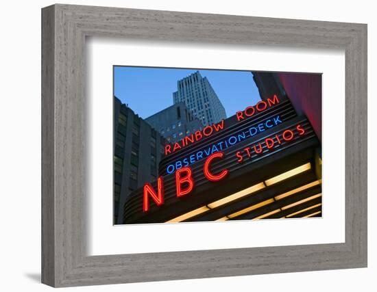 Neon lights of NBC Studios and Rainbow Room at Rockefeller Center, New York City, New York-null-Framed Photographic Print