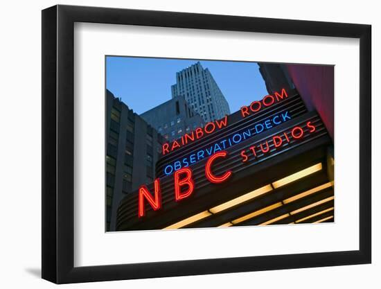 Neon lights of NBC Studios and Rainbow Room at Rockefeller Center, New York City, New York-null-Framed Photographic Print