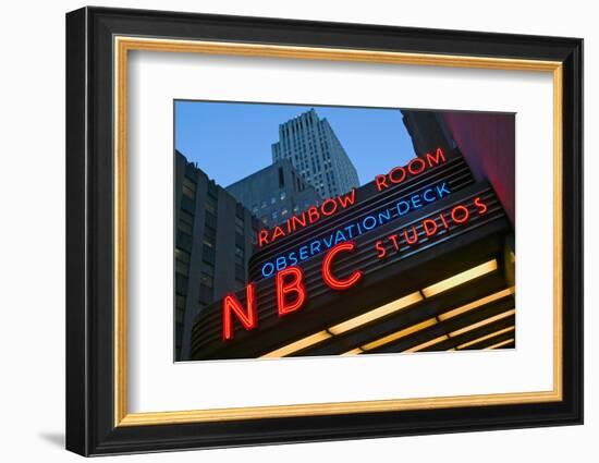 Neon lights of NBC Studios and Rainbow Room at Rockefeller Center, New York City, New York-null-Framed Photographic Print