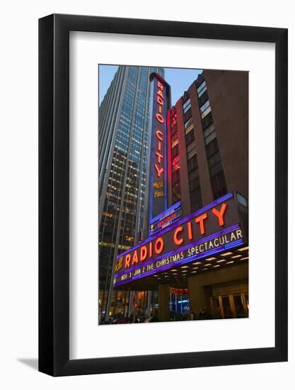 Neon lights of Radio City Music Hall at Rockefeller Center, New York City, New York-null-Framed Photographic Print