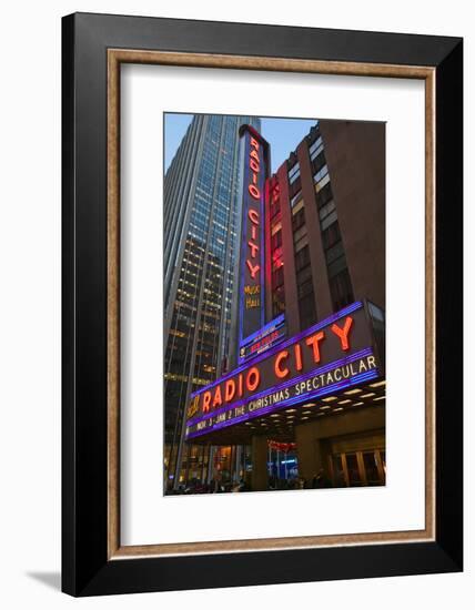 Neon lights of Radio City Music Hall at Rockefeller Center, New York City, New York-null-Framed Photographic Print