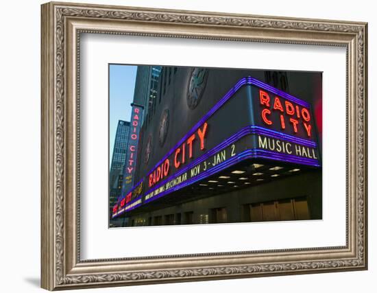 Neon lights of Radio City Music Hall at Rockefeller Center, New York City, New York-null-Framed Photographic Print