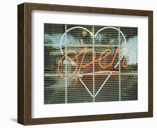 Neon 'Open' sign framed in a heart-shape in a window-null-Framed Photographic Print