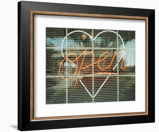 Neon 'Open' sign framed in a heart-shape in a window-null-Framed Photographic Print