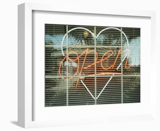 Neon 'Open' sign framed in a heart-shape in a window-null-Framed Photographic Print