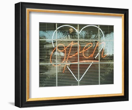 Neon 'Open' sign framed in a heart-shape in a window-null-Framed Photographic Print