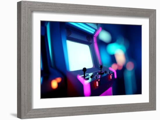 Neon Retro Arcade Machines In A Games Room-James Thew-Framed Premium Giclee Print