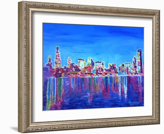 Neon Shimmering Skyline of Chicago Skyline at Night-Martina Bleichner-Framed Art Print