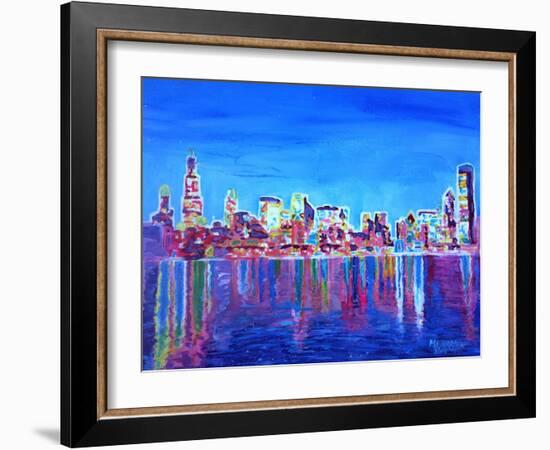 Neon Shimmering Skyline of Chicago Skyline at Night-Martina Bleichner-Framed Art Print