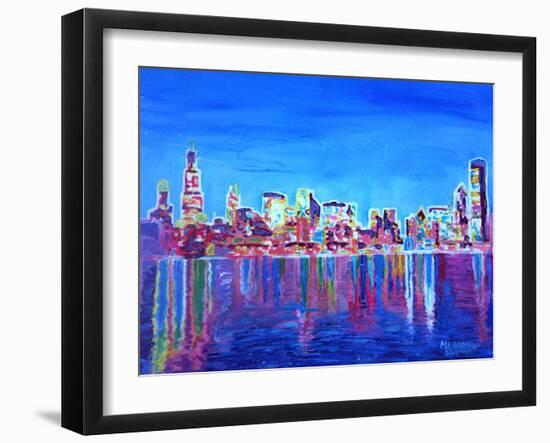 Neon Shimmering Skyline of Chicago Skyline at Night-Martina Bleichner-Framed Art Print