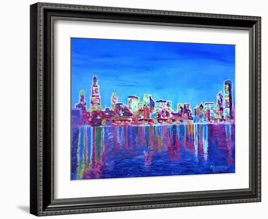 Neon Shimmering Skyline of Chicago Skyline at Night-Martina Bleichner-Framed Art Print