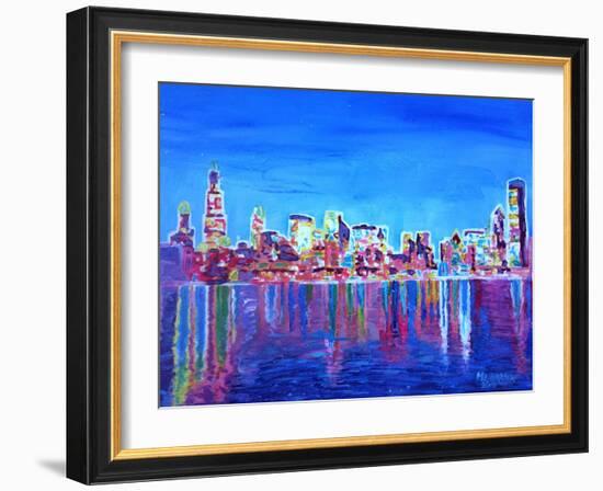 Neon Shimmering Skyline of Chicago Skyline at Night-Martina Bleichner-Framed Art Print