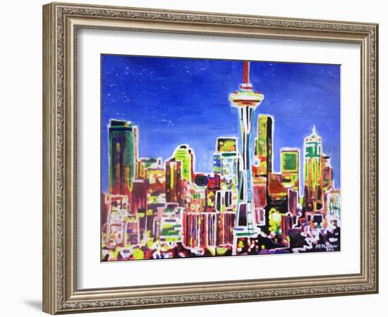 Neon Shimmering Skyline of Seattle With Space Need-Martina Bleichner-Framed Art Print