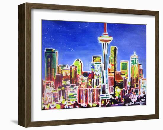 Neon Shimmering Skyline of Seattle With Space Need-Martina Bleichner-Framed Art Print