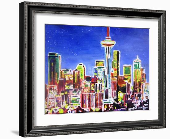 Neon Shimmering Skyline of Seattle With Space Need-Martina Bleichner-Framed Art Print