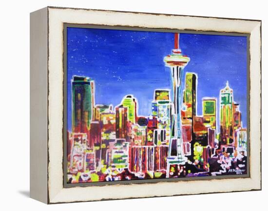 Neon Shimmering Skyline of Seattle With Space Need-Martina Bleichner-Framed Stretched Canvas