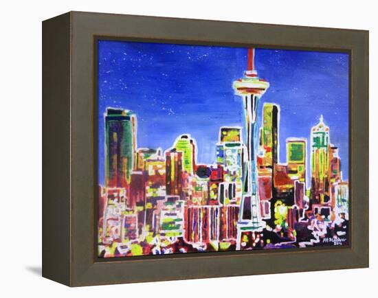 Neon Shimmering Skyline of Seattle With Space Need-Martina Bleichner-Framed Stretched Canvas