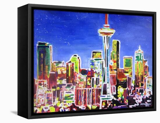 Neon Shimmering Skyline of Seattle With Space Need-Martina Bleichner-Framed Stretched Canvas