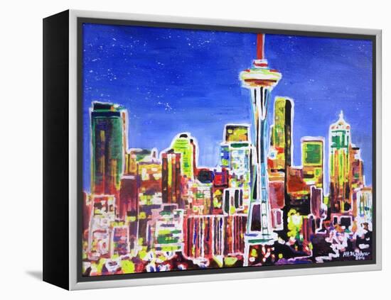 Neon Shimmering Skyline of Seattle With Space Need-Martina Bleichner-Framed Stretched Canvas