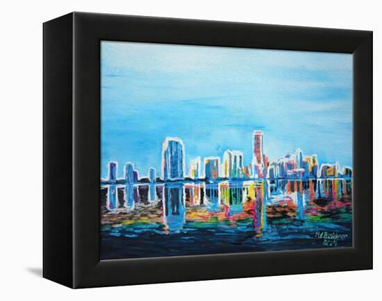 Neon Shimmering Skyline Silhouette, Miami, Florida-Martina Bleichner-Framed Stretched Canvas