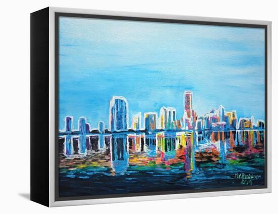 Neon Shimmering Skyline Silhouette, Miami, Florida-Martina Bleichner-Framed Stretched Canvas