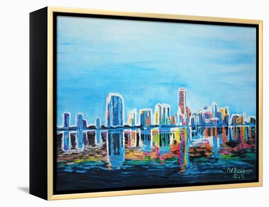 Neon Shimmering Skyline Silhouette, Miami, Florida-Martina Bleichner-Framed Stretched Canvas