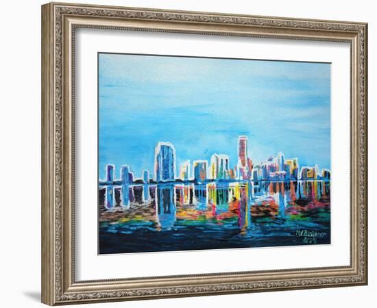 Neon Shimmering Skyline Silhouette, Miami, Florida-Martina Bleichner-Framed Art Print