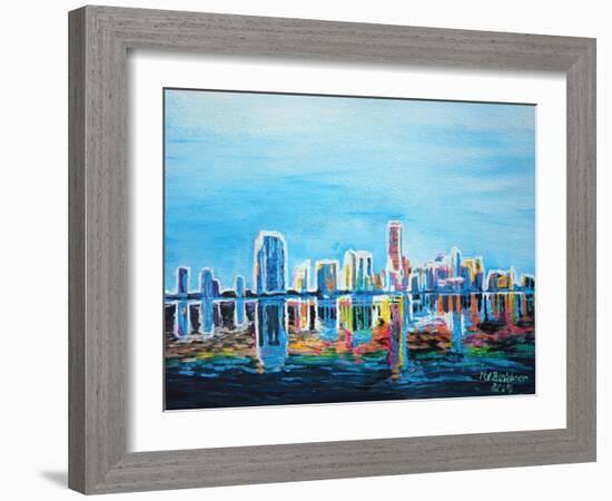 Neon Shimmering Skyline Silhouette, Miami, Florida-Martina Bleichner-Framed Art Print