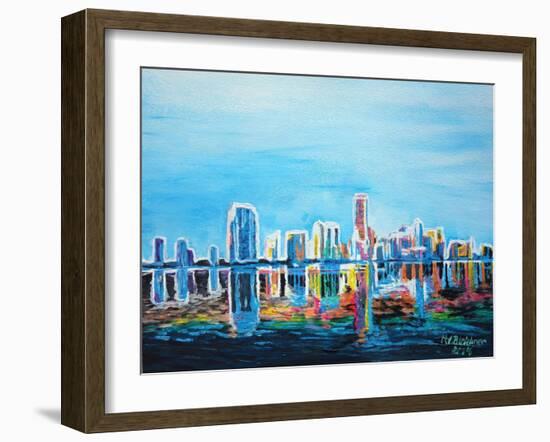 Neon Shimmering Skyline Silhouette, Miami, Florida-Martina Bleichner-Framed Art Print