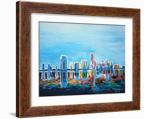 Neon Shimmering Skyline Silhouette, Miami, Florida-Martina Bleichner-Framed Art Print