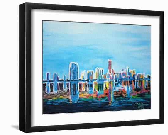 Neon Shimmering Skyline Silhouette, Miami, Florida-Martina Bleichner-Framed Art Print