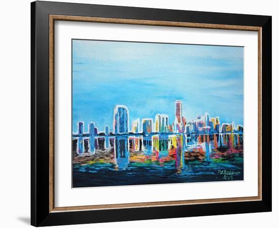 Neon Shimmering Skyline Silhouette, Miami, Florida-Martina Bleichner-Framed Art Print