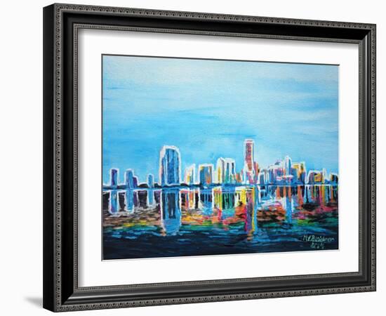 Neon Shimmering Skyline Silhouette, Miami, Florida-Martina Bleichner-Framed Art Print