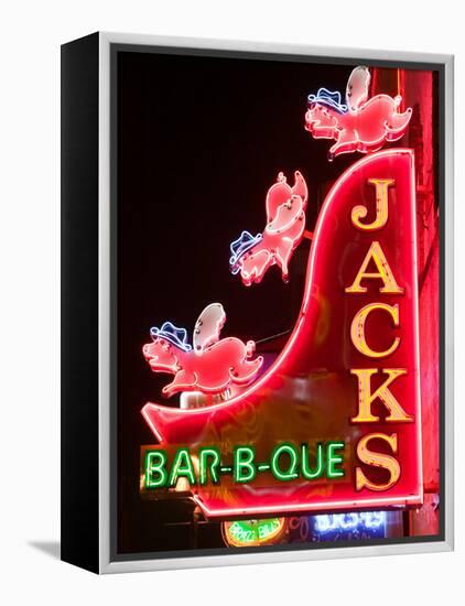 Neon Sign for Jack's BBQ Restaurant, Lower Broadway Area, Nashville, Tennessee, USA-Walter Bibikow-Framed Premier Image Canvas