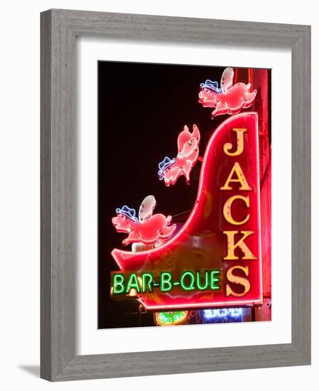 Neon Sign for Jack's BBQ Restaurant, Lower Broadway Area, Nashville, Tennessee, USA-Walter Bibikow-Framed Photographic Print