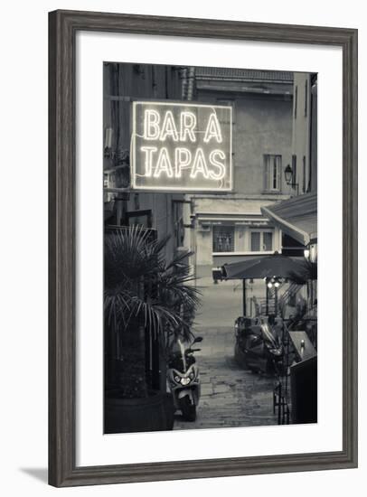 Neon Sign for Tapas Bar, Dusk, Ile Rousse, La Balagne, Corsica, France-Walter Bibikow-Framed Photographic Print