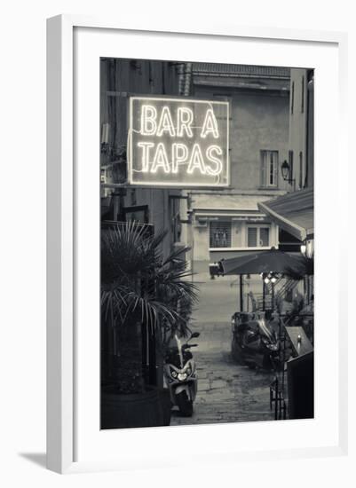 Neon Sign for Tapas Bar, Dusk, Ile Rousse, La Balagne, Corsica, France-Walter Bibikow-Framed Photographic Print