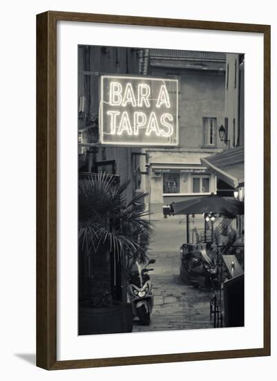 Neon Sign for Tapas Bar, Dusk, Ile Rousse, La Balagne, Corsica, France-Walter Bibikow-Framed Photographic Print