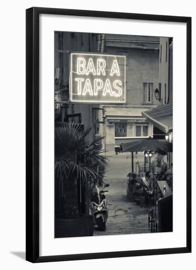 Neon Sign for Tapas Bar, Dusk, Ile Rousse, La Balagne, Corsica, France-Walter Bibikow-Framed Photographic Print