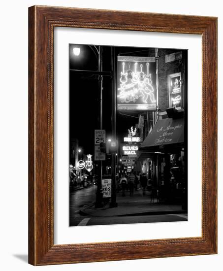 Neon sign lit up at night in a city, Rum Boogie Cafe, Beale Street, Memphis, Shelby County, Tenn...-null-Framed Photographic Print