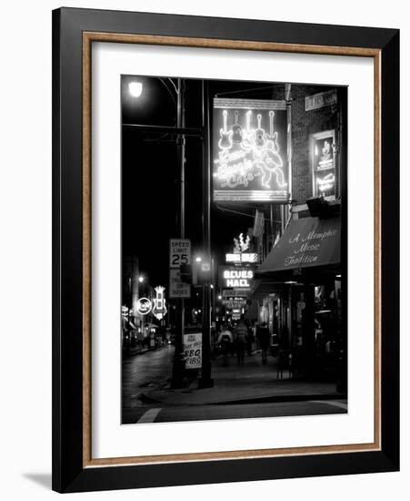 Neon sign lit up at night in a city, Rum Boogie Cafe, Beale Street, Memphis, Shelby County, Tenn...-null-Framed Photographic Print