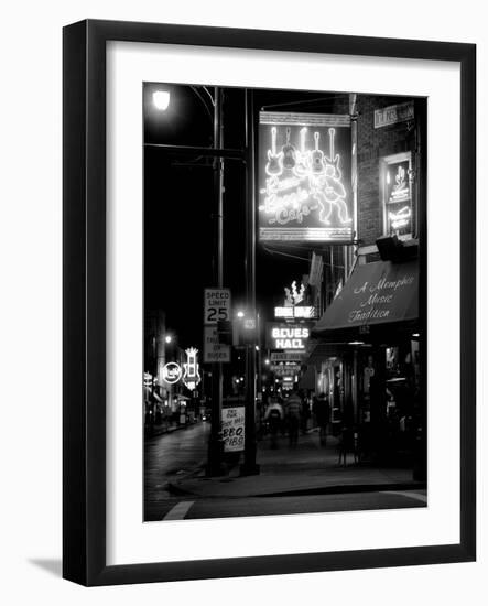 Neon sign lit up at night in a city, Rum Boogie Cafe, Beale Street, Memphis, Shelby County, Tenn...-null-Framed Photographic Print