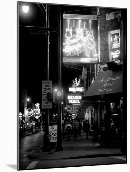 Neon sign lit up at night in a city, Rum Boogie Cafe, Beale Street, Memphis, Shelby County, Tenn...-null-Mounted Photographic Print