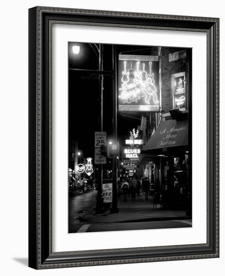 Neon sign lit up at night in a city, Rum Boogie Cafe, Beale Street, Memphis, Shelby County, Tenn...-null-Framed Photographic Print