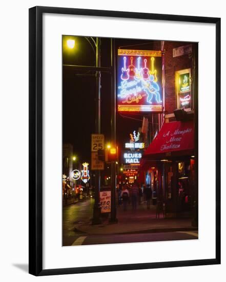 Neon Sign Lit Up at Night in a City, Rum Boogie Cafe, Beale Street, Memphis, Shelby County-null-Framed Photographic Print