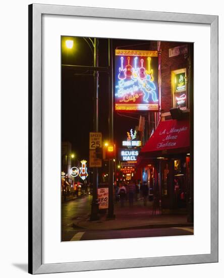 Neon Sign Lit Up at Night in a City, Rum Boogie Cafe, Beale Street, Memphis, Shelby County-null-Framed Photographic Print