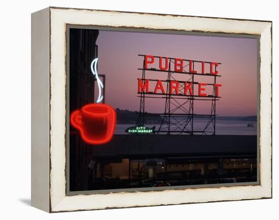 Neon Sign of Coffee Cup at Pike Place Market, Seattle, Washington, USA-Connie Ricca-Framed Premier Image Canvas