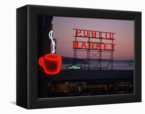 Neon Sign of Coffee Cup at Pike Place Market, Seattle, Washington, USA-Connie Ricca-Framed Premier Image Canvas